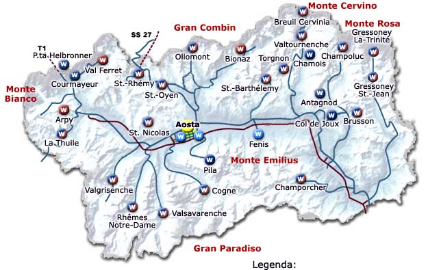 Mappa delle localit.b�� sciistiche e Webcam della Valle d'Aosta