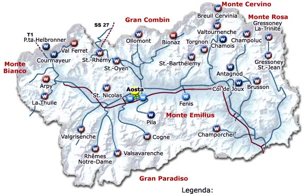 Mappa delle localit.b sciistiche e Webcam della Valle d'Aosta